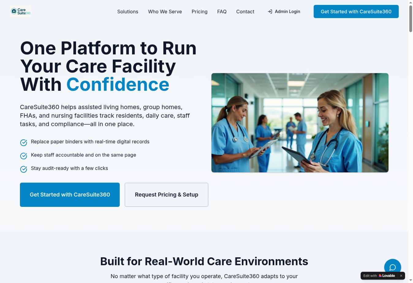 CareSuite360 website introducing its care-facility management platform