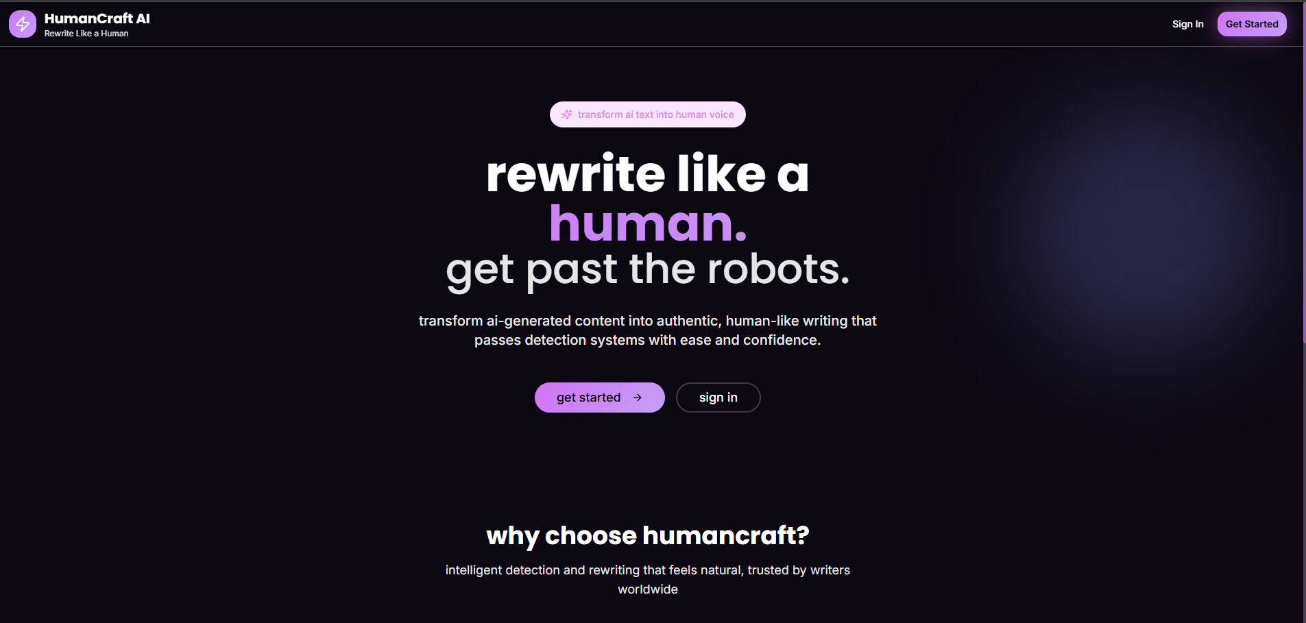 HumanCraft AI landing page with a purple and black design